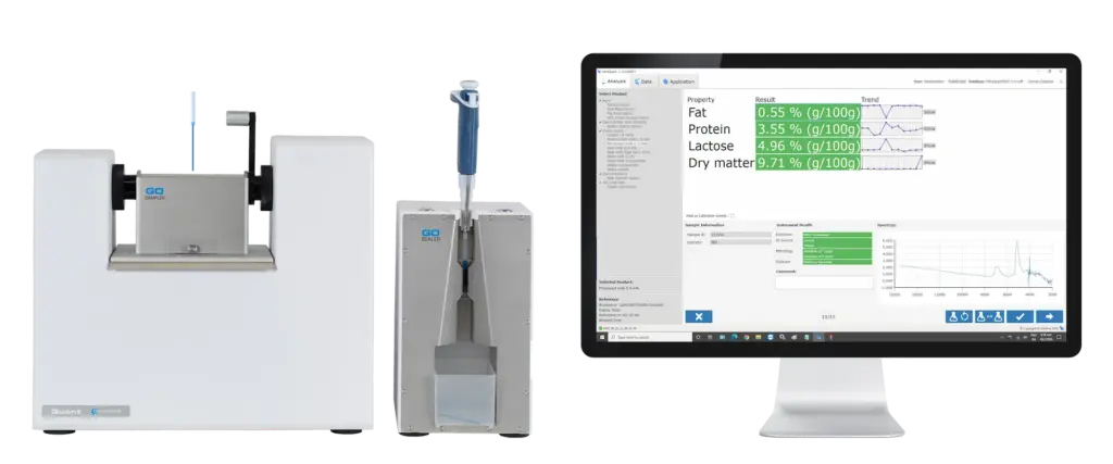 DairyQuant GO de Q-Interline pour l'analyse au laboratoire ou à l'usine. Pivette Sealer, Pivette Sampler, logiciel InfraQuant